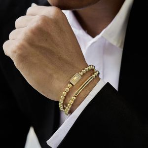 2 Pcs /set Crown Charm Long Tube Men Bracelet Pave CZ Braided Macrame Gold Color Bead Bracelet For Men Jewelry Gift