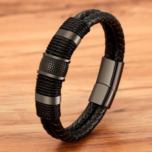 Woven Leather Rope Wrapping Special Style Classic Stainless Steel Men&#x27;s Leather Bracelet Double-layer Design DIY Customizatio