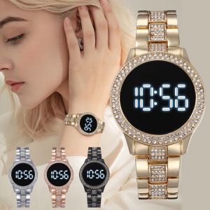 Luxury Rhinestone LED Digital Watch Simple Hardex Round Dial Alloy Strap Women Watch Man Fashion Wristwatch LE01